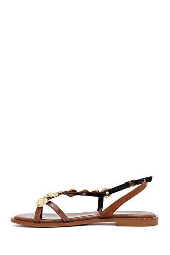 Derimod Women's Brown Metal Detailed Flip Flops Genuine Leather Sandals 25Sfd483214