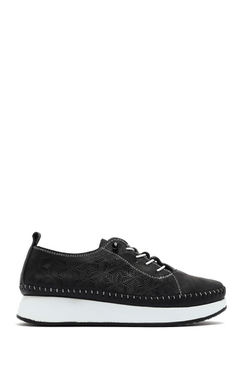 Derimod Women's Black Lace-Up Thick Sole Patterned Leather Comfort Shoes 25Sfd334318