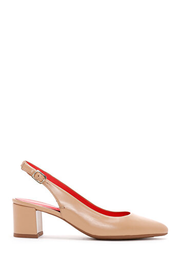 Derimod Gritti Women Beige Open Back Short Thick Heeled Leather Shoes 25Sfd 110018