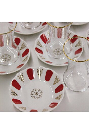 SAMSA Gold Red Patterned Glass Cup Porland Plate Porcelain 6 Person Tea Set