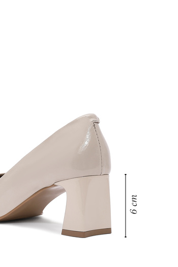 Derimod Women's Beige Short Heeled Patent Leather Genuine Leather Heeled Shoes Stiletto 25Sfd132516