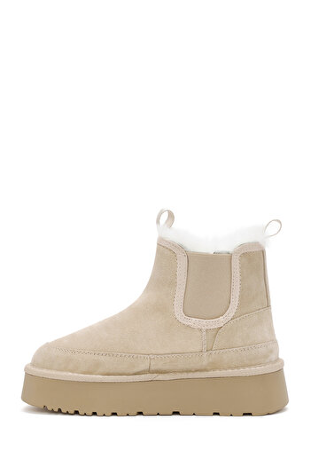 Derimod Women's Beige Thick Soled Shearling Suede Leather Boots 24Wfd 405110