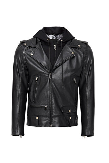 Derimod Butler Men's Black Hooded Biker Leather Jacket 24Wgf6527Ft