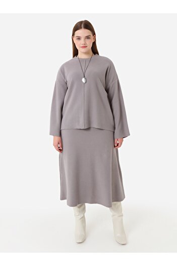 ALİA Soft Button Plus Size Skirt Suit - Dark Gray - Alia
