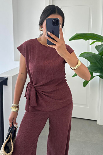 Paw Garage Women's Sienna 4 Seasons Burgundy Lace-Up Detailed Crinkle Fabric Blouse and Pants Set