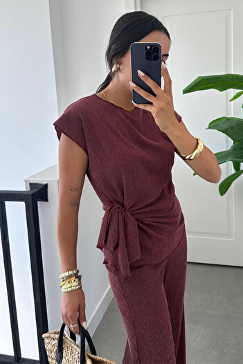 Paw Garage Women's Sienna 4 Seasons Burgundy Lace-Up Detailed Crinkle Fabric Blouse and Pants Set