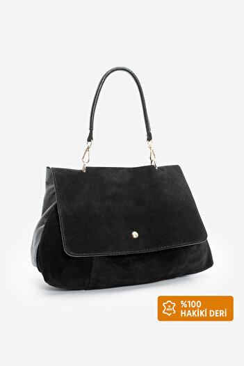 Marjin Women's Genuine Leather Hand and Shoulder Bag with Zippered Removable Inner Pocket Ornis Black Suede