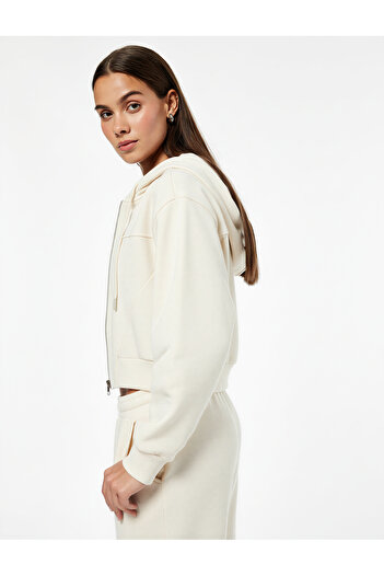 Koton Comfortable Fit Pocket Detailed Hooded Zippered Crop Sweatshirt