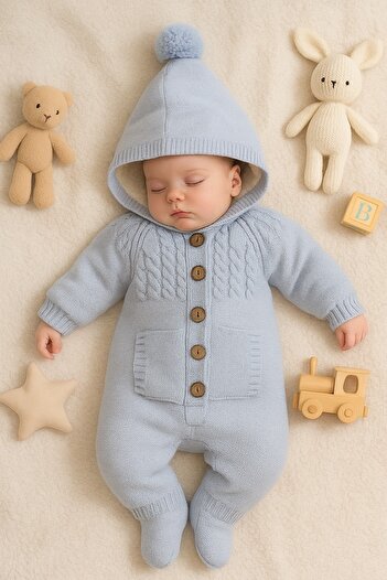 Puppis Baby Erkek Bebek Kışlık Triko Tulum, Welsoft Astarlı Kapüşonlu, Düğmeli