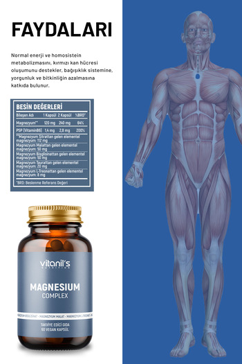 Vitanil's Nutrition Magnezyum Complex (Aktif B6, Magnezyum Malat, Taurat, L-Treonat, Sitrat, Bisglisinat) 60 Kapsül