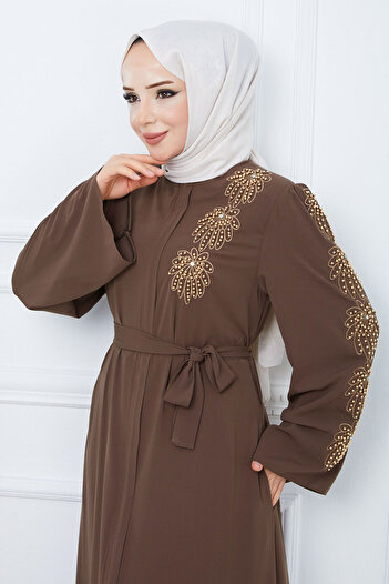 Tesettür Dünyası Rukojeť Bead Embroidered Belted Hijab Ferace TSD240203 Brown