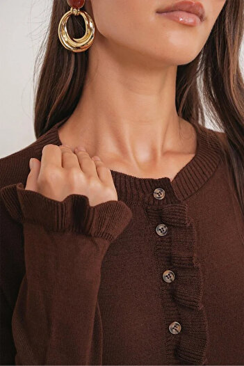 Mixray 6964 Women's Plain Ruffled Buttoned Cardigan Brown