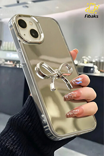 Fibaks iPhone 13 - 14 Compatible Case Mirrored Silver 3D Bow Pattern Shock Absorbing Silicone Cover