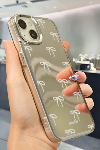Fibaks iPhone 13 - 14 Compatible Case Mirrored Bow Girl Bow Pattern Shock Absorbing Silicone Cover