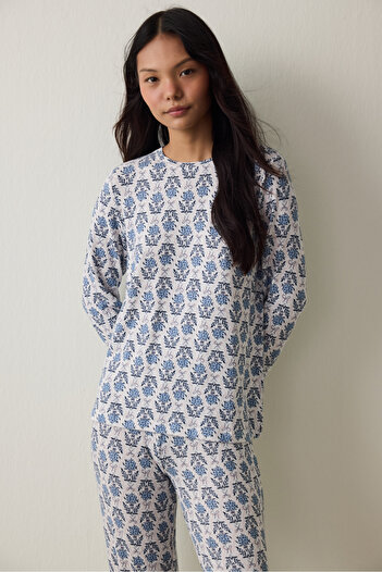 Penti Floral Printed Tea Time Thermal Effect Sweatshirt Pajama Top