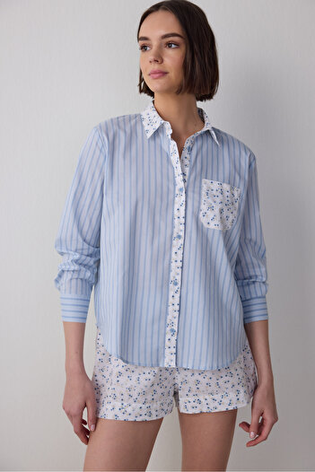 Penti Light Blue Lilah Shirt Collar Cotton Long Sleeve Shorts Pajamas Set