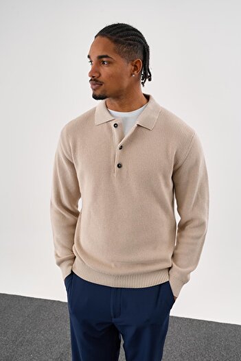 odelon Men's Regular Fit Cotton Polo Neck Buttoned Stone Knitwear Sweater