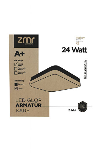 ZMR 24W Kare LED Glop Armatür 2'Lİ (Beyaz Işık – Siyah Kasa)