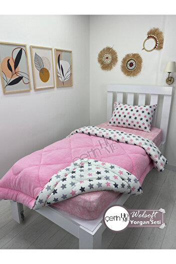 Çetinhome Single Reversible Welsoft Quilt with Pillow Case Soft Surface 155x215cm Star Pink