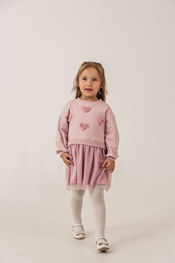 Eray Kids Kız Çocuk Kalpli Tüllü Sweatshirt Pembe Elbise (3-4-5-6 Yaş)