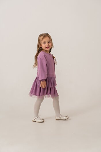 Eray Kids Kız Çocuk Çıkarılabilir Oyuncak Detaylı Tüllü Sweatshirt Mürdüm Elbise (3-4-5-6 Yaş)