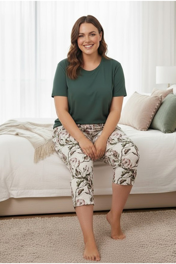 Siyah İnci Green Floral Pattern Large Size Oversize Knitted Cotton Capri Suit7900