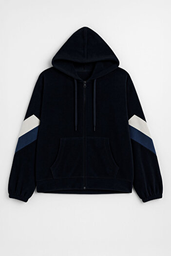 MARKAPIA WOMAN Women's Zippered Hooded Navy Blue Fleece Sweatshirt with Pockets