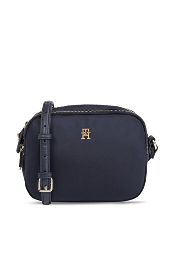 Tommy Hilfiger Geantă de umăr pentru femei, cu logo, din piele, pentru utilizare zilnică, albastru bleumarin, cu compartiment pentru carduri AW0AW15638-DW6