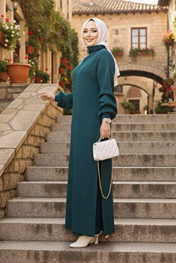 N.S NEVA STYLE Ribbed Petrol Green Knitwear Hijab Double Set 17207Py