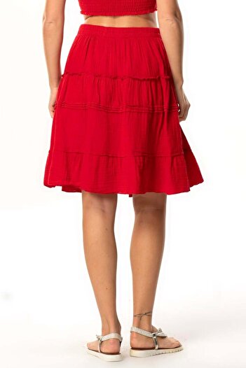 Eliş Şile Bezi Benan Waist Elastic Short Summer Muslin Skirt Red Krmz