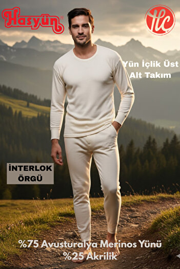 Hasyün Men's 75% Wool Sweat-Absorbent Non-Irritating Underwear Long Sleeve Top and Bottom Set