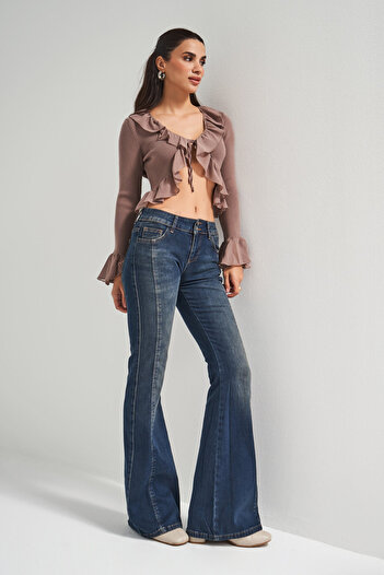 its basic Kadın T.Kot Rengi 2w5-8 Mid Rise Flare Fit Süper Esnek Kumaş İspanyol Paça Denim Jean