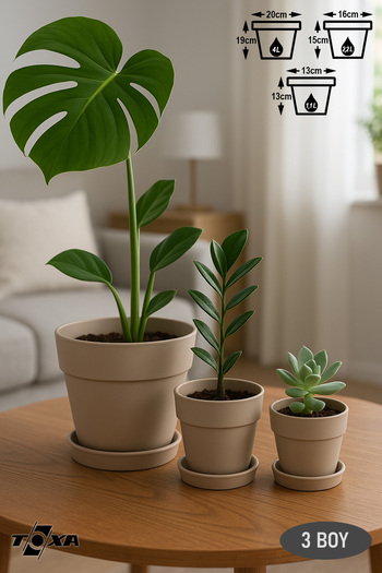 ToXA 3 Boy Mono Saksı Seti Tabaklı Drenaj Delikli Plastik Çiçek Saksısı Set