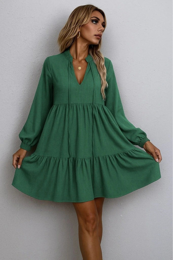 Silerra Women's Long Sleeve Neck Tie Ruffled Linen Mini Dress