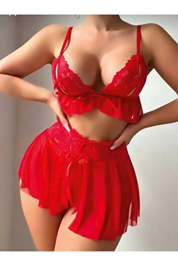 EFİL EFİL Kadın Kırmızı Gecelik Mini Etekli Fiyonklu Tül Dantel Fantezi Gecelik (TANGA HEDİYELİ)