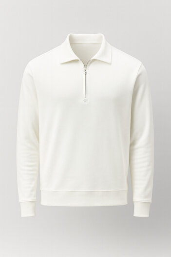 Valiberta Eric Relax Fit Half Zip Polo Neck Thessaloniki Fabric Men's Sweatshirt - Ecru