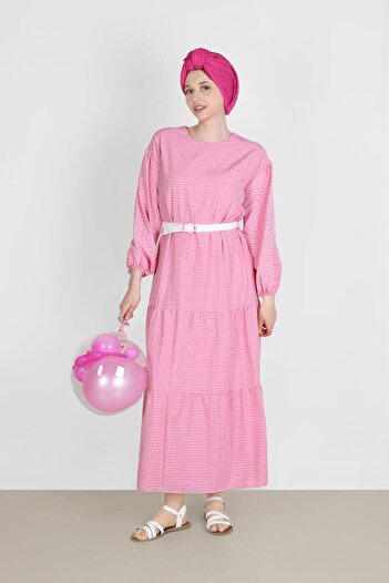 Alvina Patterned Gingham Belted Dress - 42613