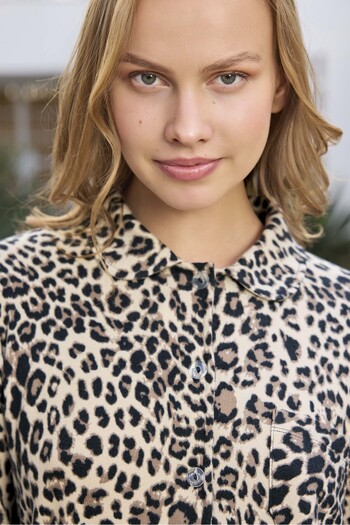 Aydoğan Leopard Print Front Tie Shirt Collar Women's Long Sleeve Pajama Set