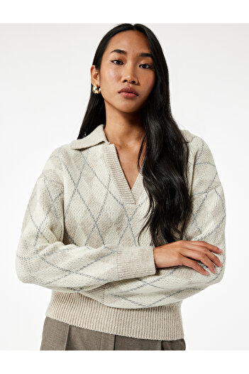Koton Long Sleeve Diamond Pattern Polo Neck Knitwear Oversize Sweater