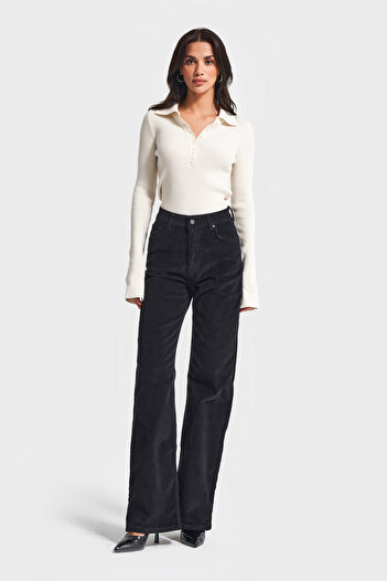 its basic Women's Black Color 26W5-1 Straight Cropped Fit Slim Corduroy Velvet Fabric Trousers