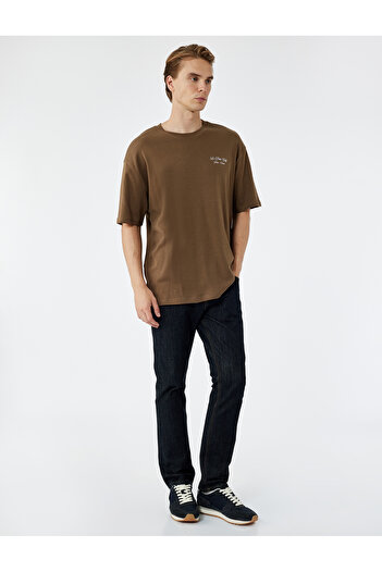 Koton Short Sleeve Oversize Tok Fabric Crew Neck Cotton T-Shirt with Back Print