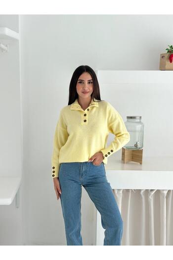Jeevee Polo Neck Half Placket Sleeve Button Detail Knitwear Sweater