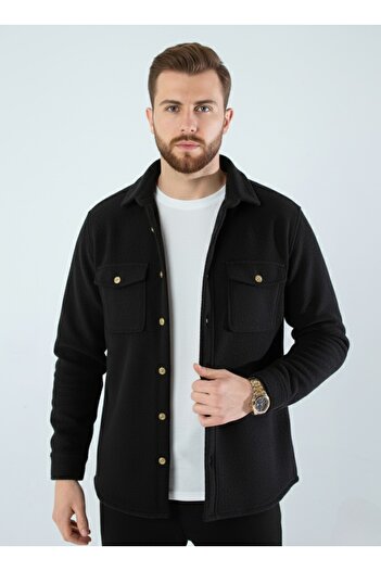 YXC Trend Maker Men's Slim Fit Button-Down Collar Double Pocket Solid Black Fleece Men's Shirt