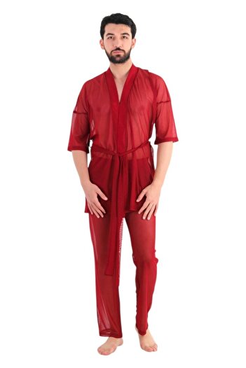 JEU JEU RUSE – Bordo Tül Transparan Fantezi Erkek Kimono ve Pantolon Takımı