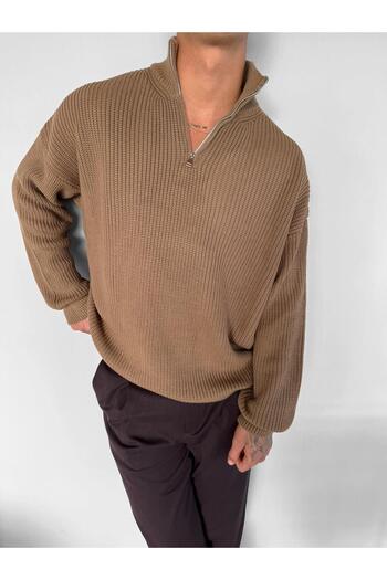 ablukaonline Men's Oversize Half Zipper Sweater Light Brown