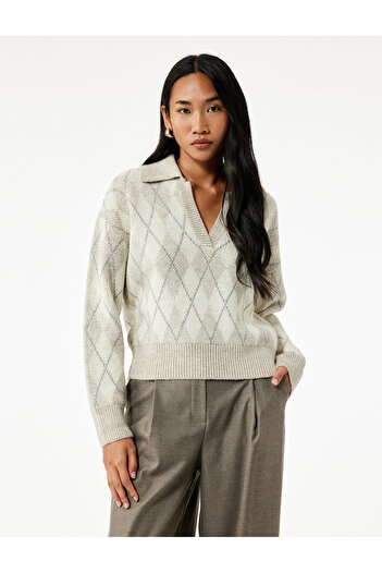 Koton Long Sleeve Diamond Pattern Polo Neck Knitwear Oversize Sweater