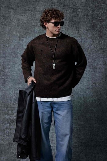 ablukaonline Men's Wool Relax Fit Knitwear Sweater Brown