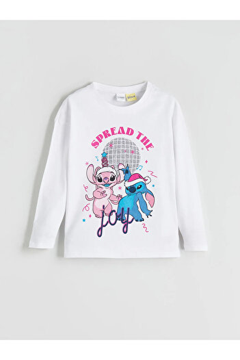 LC Waikiki LCW Kids Beyaz Bisiklet Yaka Stitch Baskılı Kız Çocuk Pijama Takımı