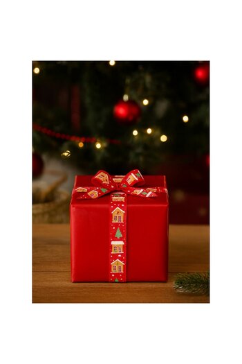 OEM Decorative ribbon with houses and fir trees, for packaging, gifts, decorations, 2.5 cm wide, 2.7