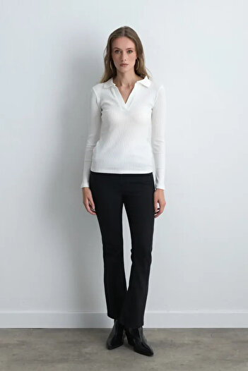 Gusto Polo Collar Cotton Knitted Blouse - Ecru